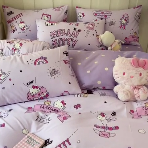 91家纺网 家纺一手货源 找家纺 呗旺鹿 2024新款三丽鸥系列全棉四件套 KT派对