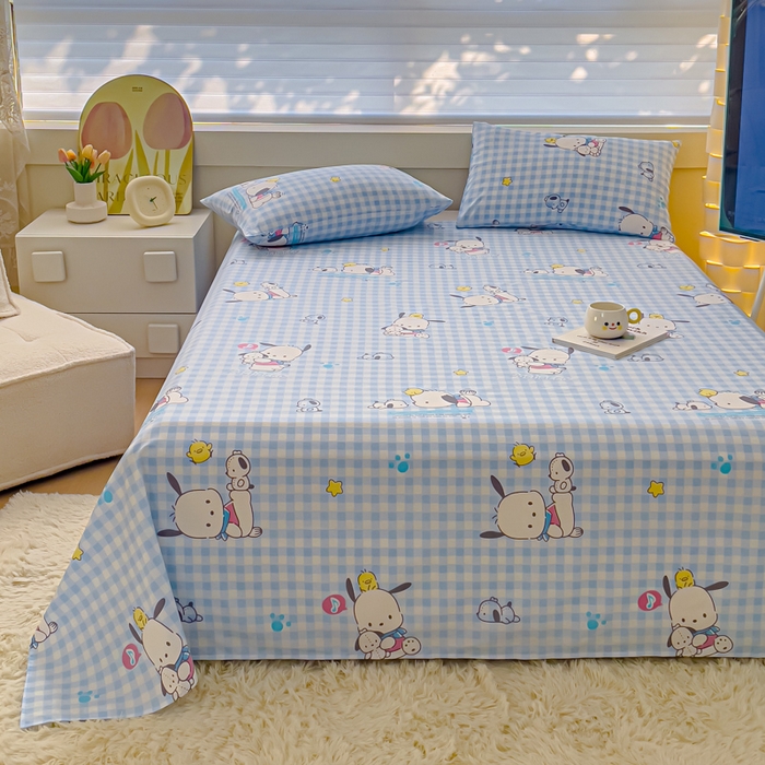 91家纺网 家纺一手货源 找家纺 金丝鸟家纺 2024新款全棉三丽鸥系列床单 格子帕恰狗