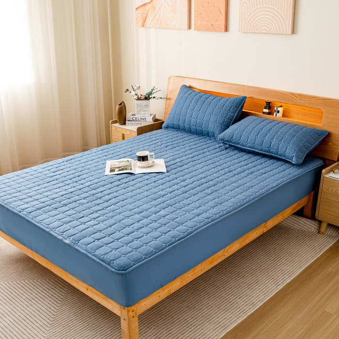 91家纺网 家纺一手货源 找家纺 宇淳国际 2024新款夹棉防水床笠 深蓝