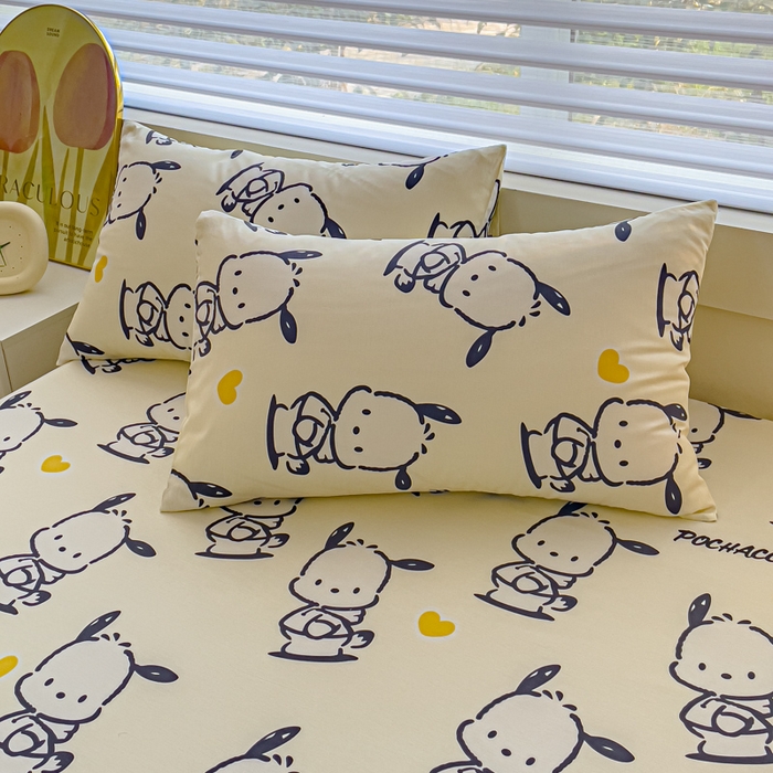 91家纺网 家纺一手货源 找家纺 金丝鸟家纺 2024新款全棉三丽鸥系列床笠 爱心黑白帕恰狗