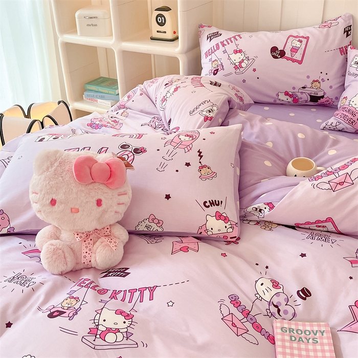 91家纺网 家纺一手货源 找家纺 呗旺鹿 2024新款三丽鸥系列全棉四件套 KT派对