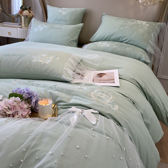 91家纺网 家纺一手货源 找家纺 欧冠家纺 2024新款全棉蕾丝珍珠网纱四件套 丽丽贝尔系列 青柠抹茶