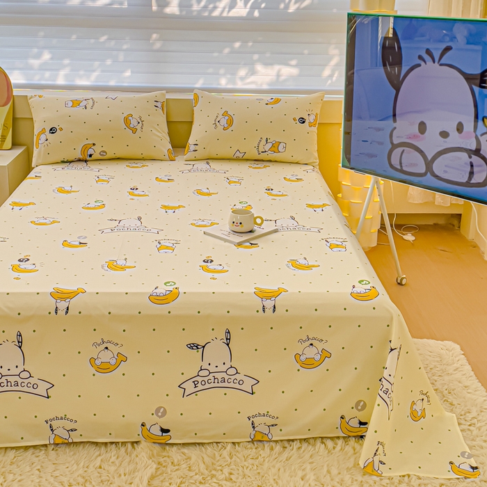 91家纺网 家纺一手货源 找家纺 金丝鸟家纺 2024新款全棉三丽鸥系列床单 香蕉帕恰狗