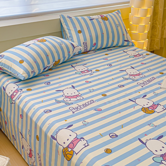 91家纺网 家纺一手货源 找家纺 金丝鸟家纺 2024新款全棉三丽鸥系列床单 条纹帕恰狗