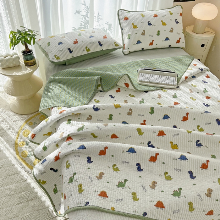 91家纺网 家纺一手货源 找家纺 茉夕家纺 2024新款纯棉斜纹13372双面纯棉床盖 恐龙茶茶