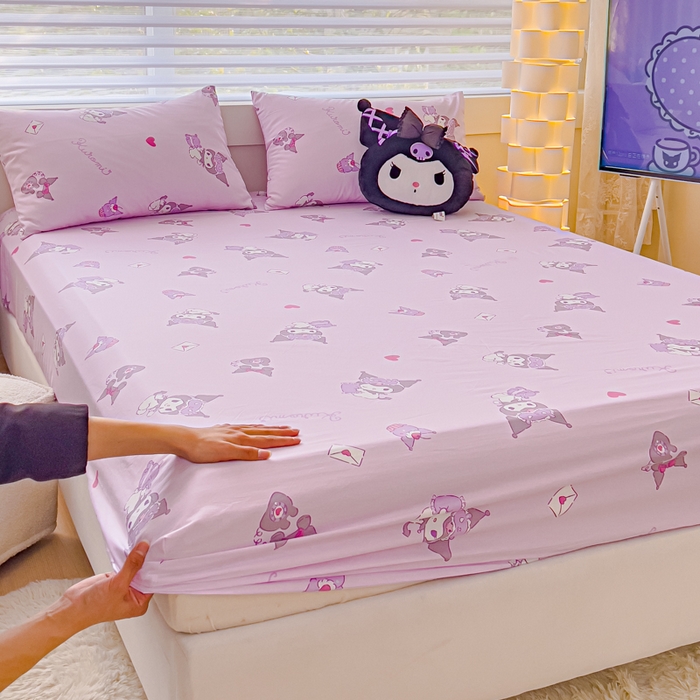 91家纺网 家纺一手货源 找家纺 金丝鸟家纺 2024新款全棉三丽鸥系列床笠 香芋紫库洛米