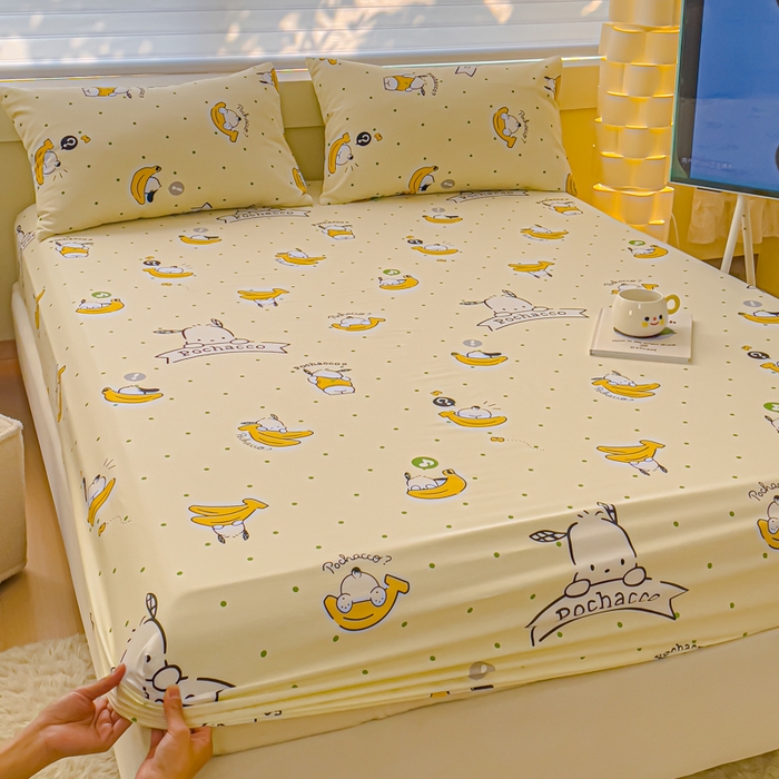 91家纺网 家纺一手货源 找家纺 金丝鸟家纺 2024新款全棉三丽鸥系列床笠 香蕉帕恰狗