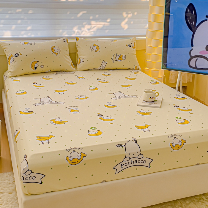 91家纺网 家纺一手货源 找家纺 金丝鸟家纺 2024新款全棉三丽鸥系列床笠 香蕉帕恰狗