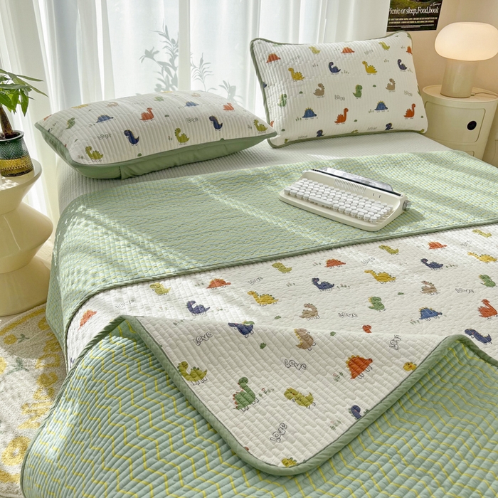 91家纺网 家纺一手货源 找家纺 茉夕家纺 2024新款纯棉斜纹13372双面纯棉床盖 恐龙茶茶