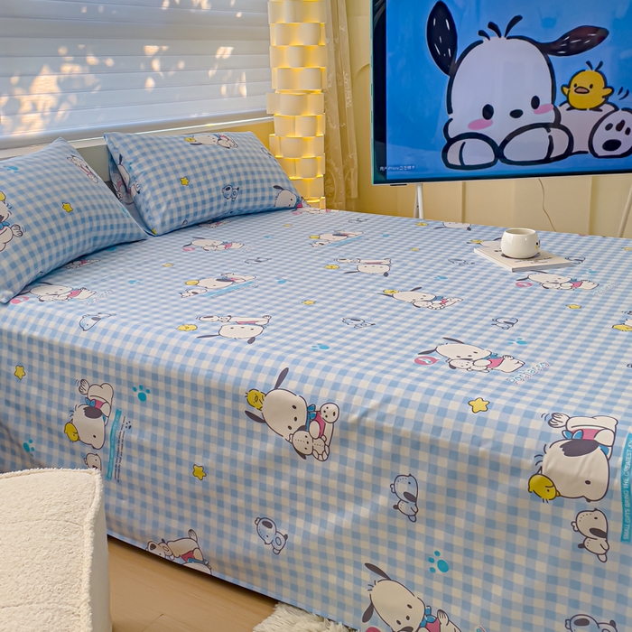 91家纺网 家纺一手货源 找家纺 金丝鸟家纺 2024新款全棉三丽鸥系列床单 格子帕恰狗