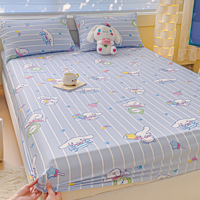 91家纺网 家纺一手货源 找家纺 金丝鸟家纺 2024新款全棉三丽鸥系列床笠 条纹玉桂狗