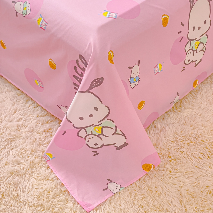 91家纺网 家纺一手货源 找家纺 金丝鸟家纺 2024新款全棉三丽鸥系列床单 开心帕恰狗