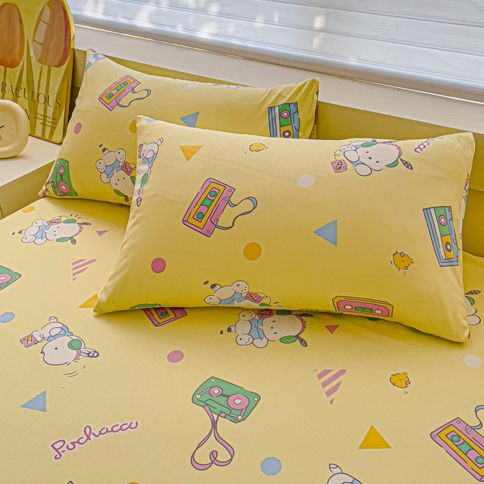 91家纺网 家纺一手货源 找家纺 金丝鸟家纺 2024新款全棉三丽鸥系列床笠 音乐帕恰狗