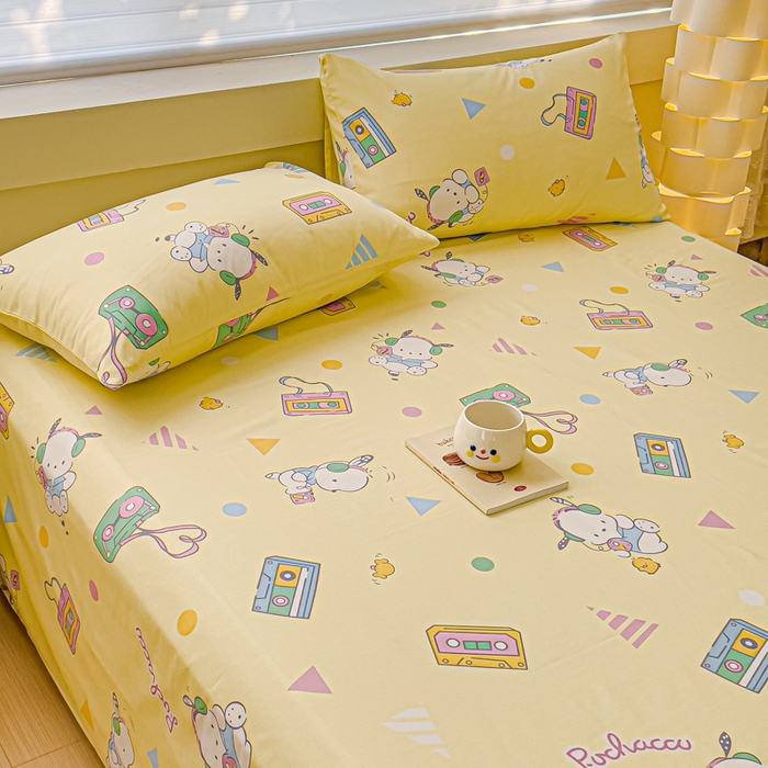 91家纺网 家纺一手货源 找家纺 金丝鸟家纺 2024新款全棉三丽鸥系列床单 音乐帕恰狗