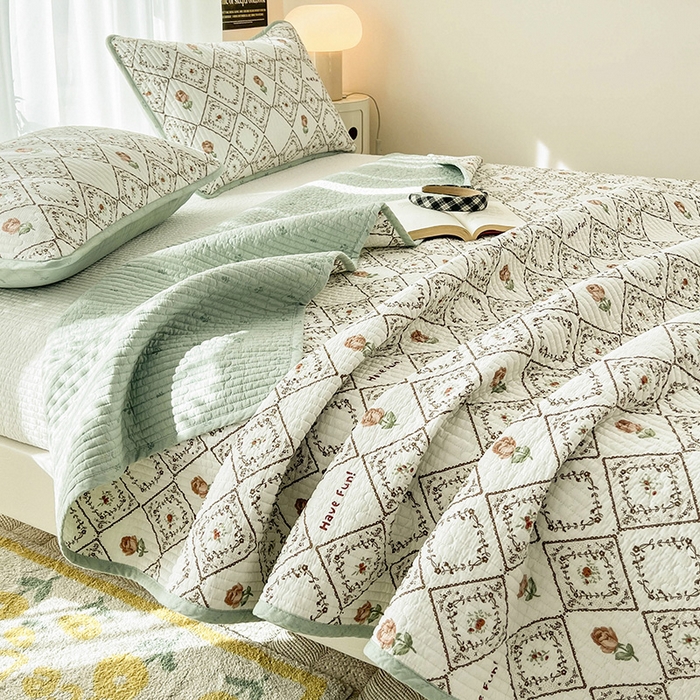 91家纺网 家纺一手货源 找家纺 茉夕家纺 2024新款纯棉斜纹13372双面纯棉床盖 复古玫瑰