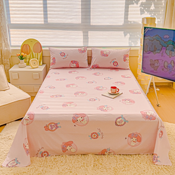 91家纺网 家纺一手货源 找家纺 金丝鸟家纺 2024新款全棉三丽鸥系列床单 糖果兔