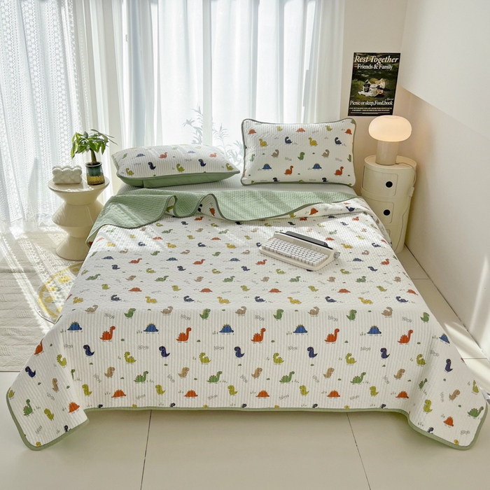 91家纺网 家纺一手货源 找家纺 茉夕家纺 2024新款纯棉斜纹13372双面纯棉床盖 恐龙茶茶