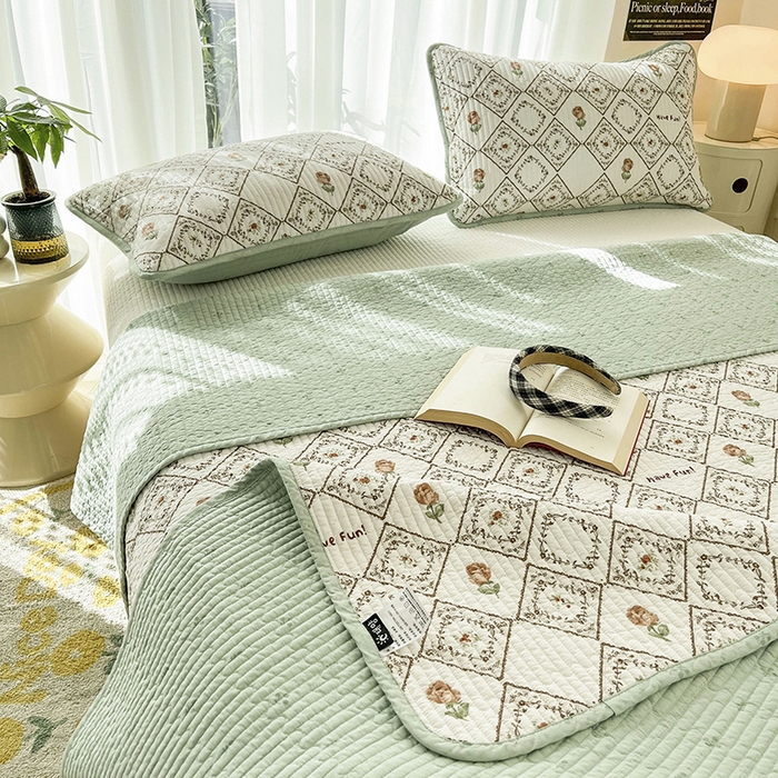 91家纺网 家纺一手货源 找家纺 茉夕家纺 2024新款纯棉斜纹13372双面纯棉床盖 复古玫瑰