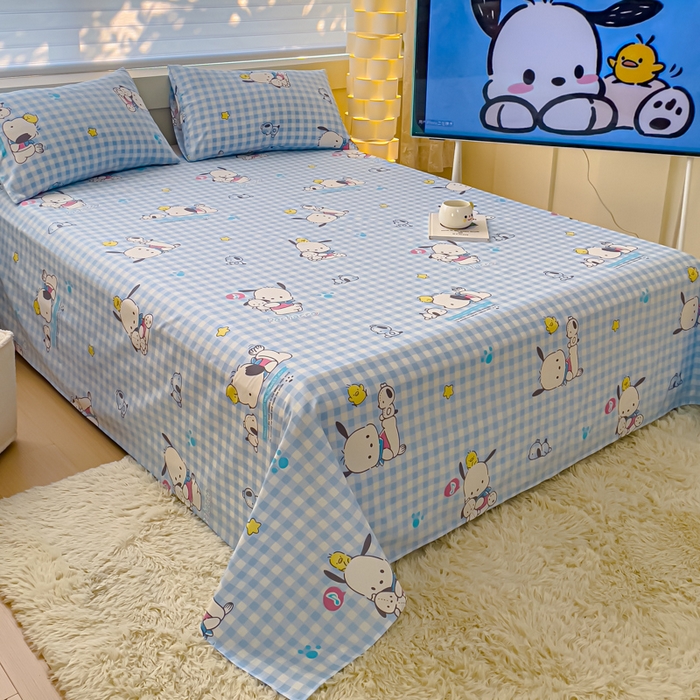 91家纺网 家纺一手货源 找家纺 金丝鸟家纺 2024新款全棉三丽鸥系列床单 格子帕恰狗