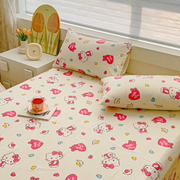 91家纺网 家纺一手货源 找家纺 金丝鸟家纺 2024新款全棉三丽鸥系列床单 爱心kt