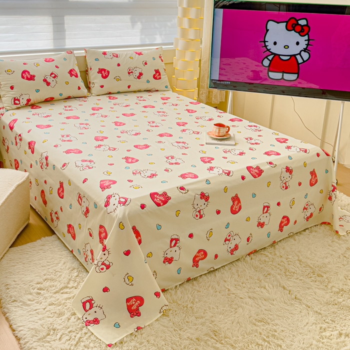 91家纺网 家纺一手货源 找家纺 金丝鸟家纺 2024新款全棉三丽鸥系列床单 爱心kt