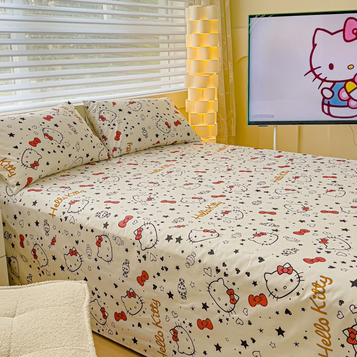 91家纺网 家纺一手货源 找家纺 金丝鸟家纺 2024新款全棉三丽鸥系列床单 糖果红kt