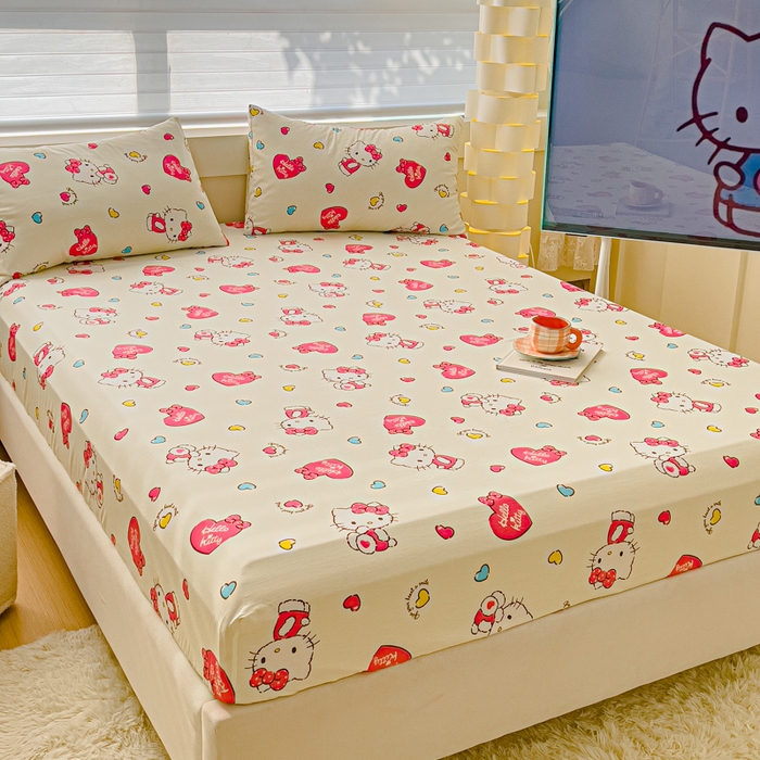 91家纺网 家纺一手货源 找家纺 金丝鸟家纺 2024新款全棉三丽鸥系列床笠 爱心kt