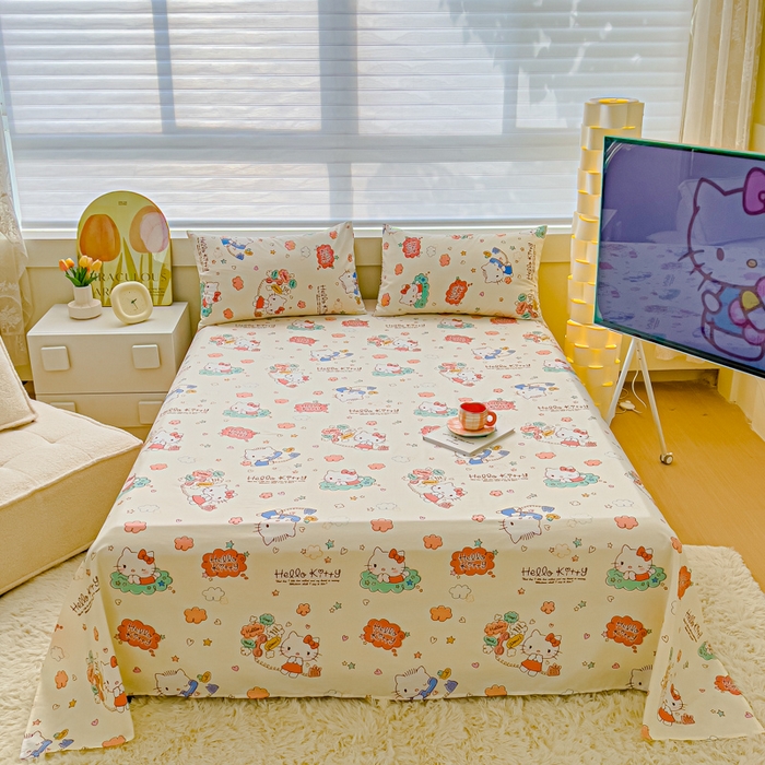 91家纺网 家纺一手货源 找家纺 金丝鸟家纺 2024新款全棉三丽鸥系列床单 花园kt