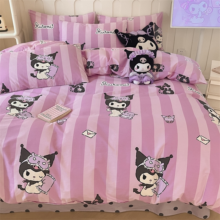 91家纺网 家纺一手货源 找家纺 呗旺鹿 2024新款三丽鸥系列全棉四件套 竖条库洛米