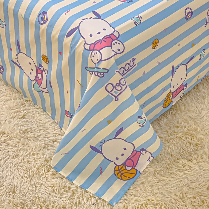 91家纺网 家纺一手货源 找家纺 金丝鸟家纺 2024新款全棉三丽鸥系列床单 条纹帕恰狗