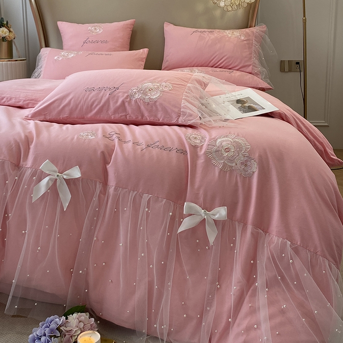 91家纺网 家纺一手货源 找家纺 欧冠家纺 2024新款全棉蕾丝珍珠网纱四件套 丽丽贝尔系列 玫瑰粉