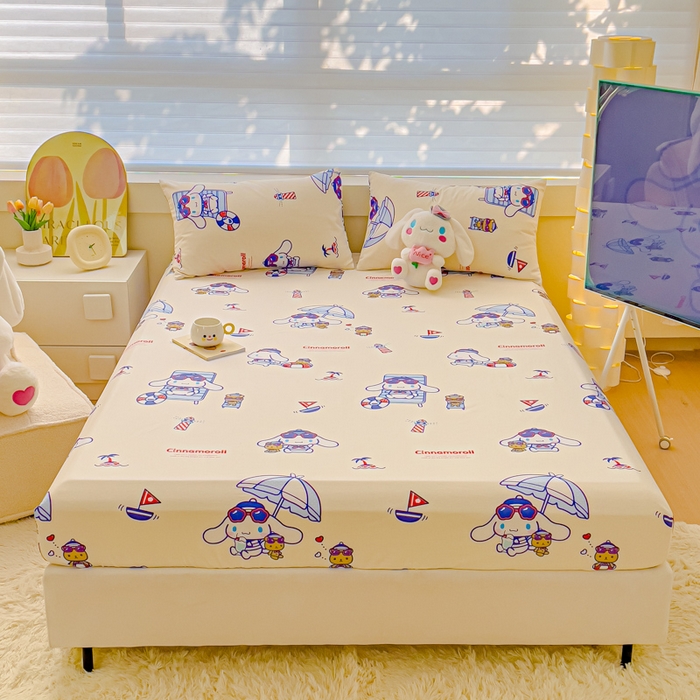 91家纺网 家纺一手货源 找家纺 金丝鸟家纺 2024新款全棉三丽鸥系列床笠 花伞狗