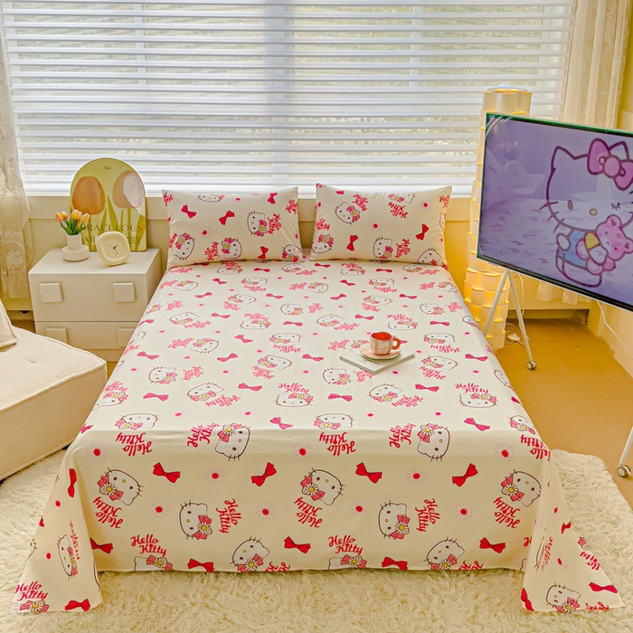 91家纺网 家纺一手货源 找家纺 金丝鸟家纺 2024新款全棉三丽鸥系列床单 领结kt