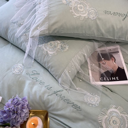 欧冠家纺 2024新款全棉蕾丝珍珠网纱四件套 丽丽贝尔系列 青柠抹茶