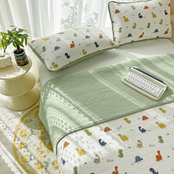 91家纺网 家纺一手货源 找家纺 茉夕家纺 2024新款纯棉斜纹13372双面纯棉床盖 恐龙茶茶