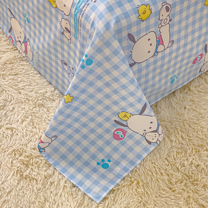 91家纺网 家纺一手货源 找家纺 金丝鸟家纺 2024新款全棉三丽鸥系列床单 格子帕恰狗