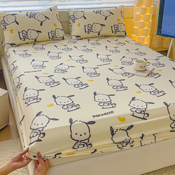 91家纺网 家纺一手货源 找家纺 金丝鸟家纺 2024新款全棉三丽鸥系列床笠 爱心黑白帕恰狗