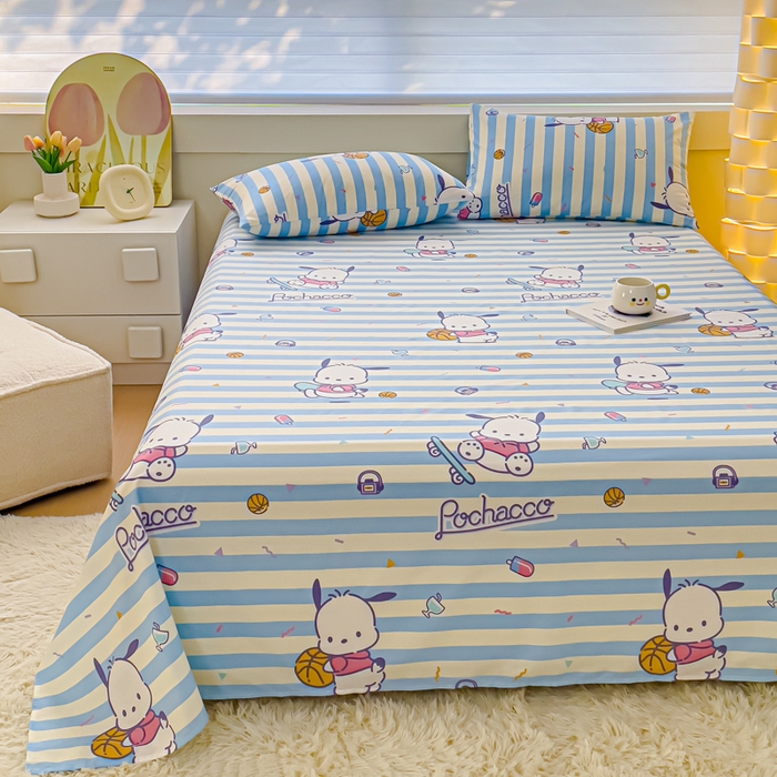 91家纺网 家纺一手货源 找家纺 金丝鸟家纺 2024新款全棉三丽鸥系列床单 条纹帕恰狗