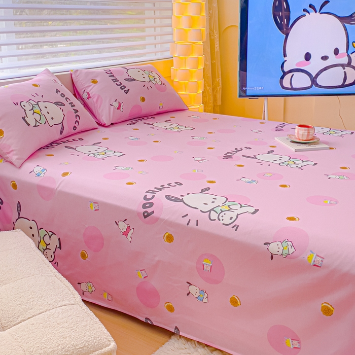 91家纺网 家纺一手货源 找家纺 金丝鸟家纺 2024新款全棉三丽鸥系列床单 开心帕恰狗