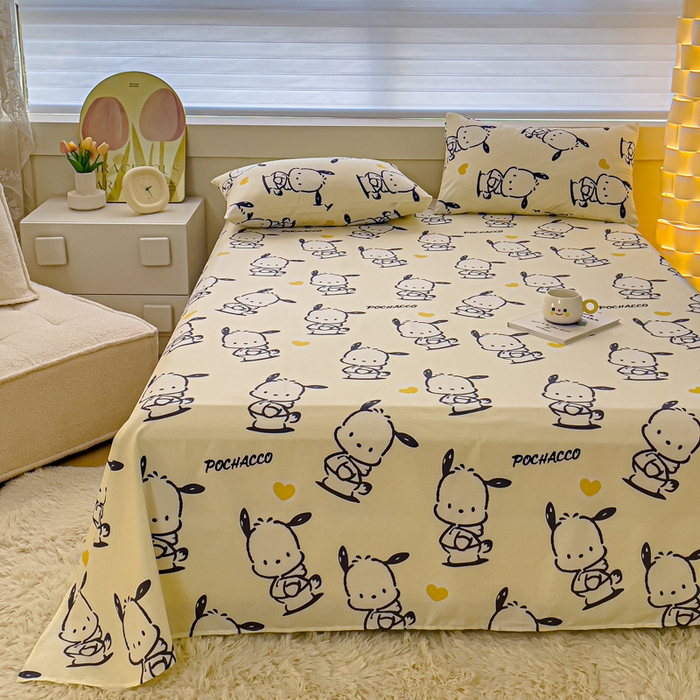 91家纺网 家纺一手货源 找家纺 金丝鸟家纺 2024新款全棉三丽鸥系列床单 爱心黑白帕恰狗