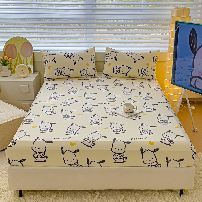 91家纺网 家纺一手货源 找家纺 金丝鸟家纺 2024新款全棉三丽鸥系列床笠 爱心黑白帕恰狗