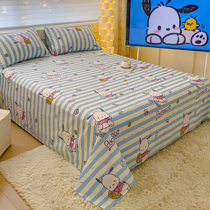 91家纺网 家纺一手货源 找家纺 金丝鸟家纺 2024新款全棉三丽鸥系列床单 条纹帕恰狗