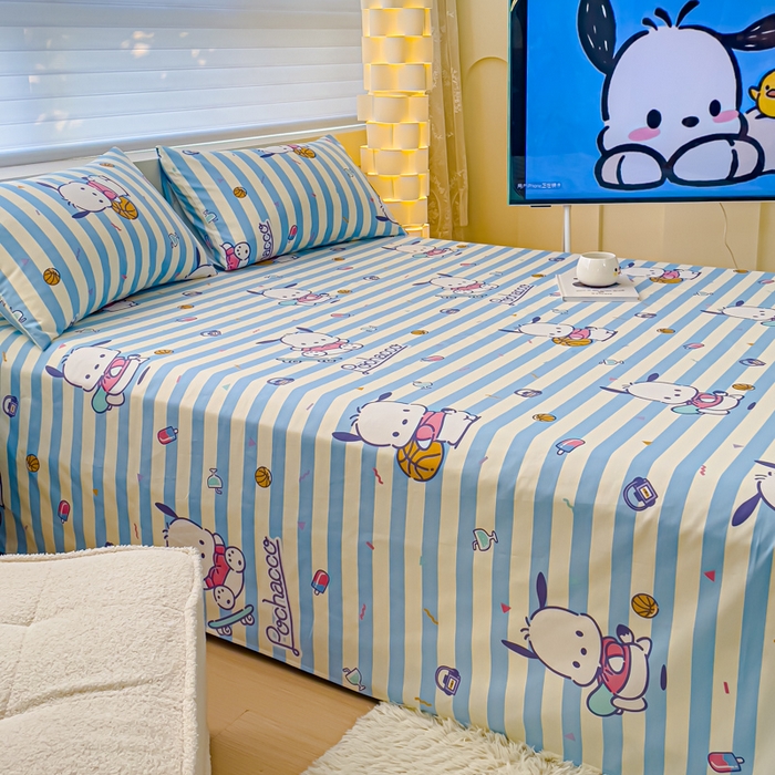 91家纺网 家纺一手货源 找家纺 金丝鸟家纺 2024新款全棉三丽鸥系列床单 条纹帕恰狗