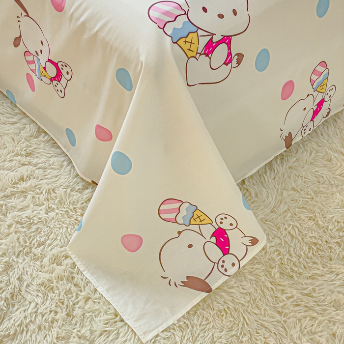 91家纺网 家纺一手货源 找家纺 金丝鸟家纺 2024新款全棉三丽鸥系列床单 波点帕恰狗