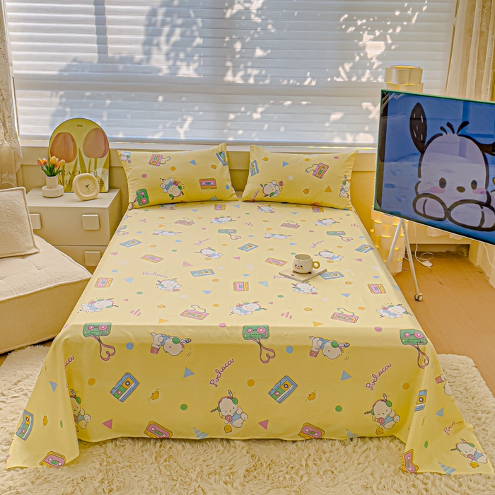 91家纺网 家纺一手货源 找家纺 金丝鸟家纺 2024新款全棉三丽鸥系列床单 音乐帕恰狗