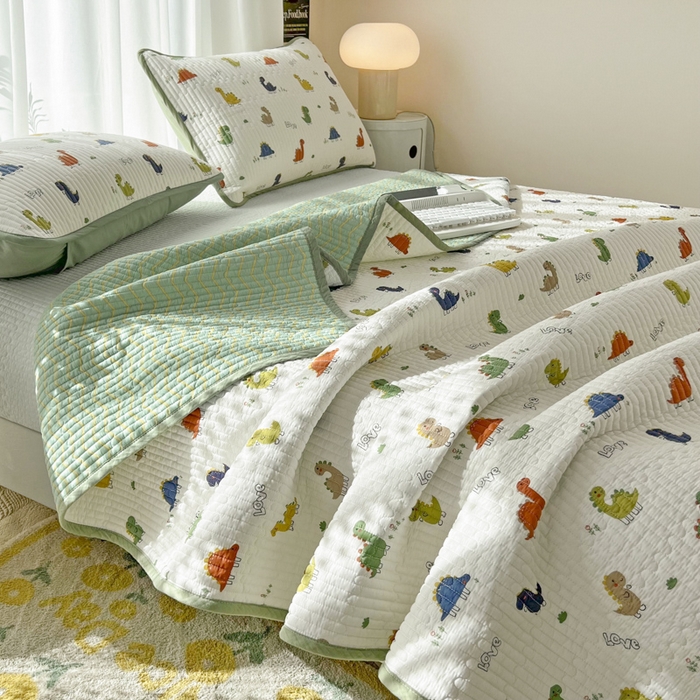 91家纺网 家纺一手货源 找家纺 茉夕家纺 2024新款纯棉斜纹13372双面纯棉床盖 恐龙茶茶