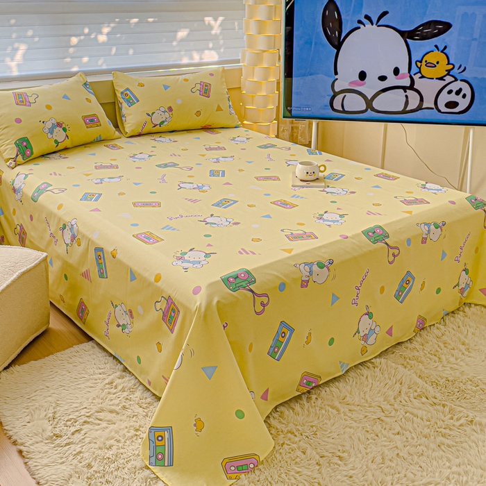 91家纺网 家纺一手货源 找家纺 金丝鸟家纺 2024新款全棉三丽鸥系列床单 音乐帕恰狗