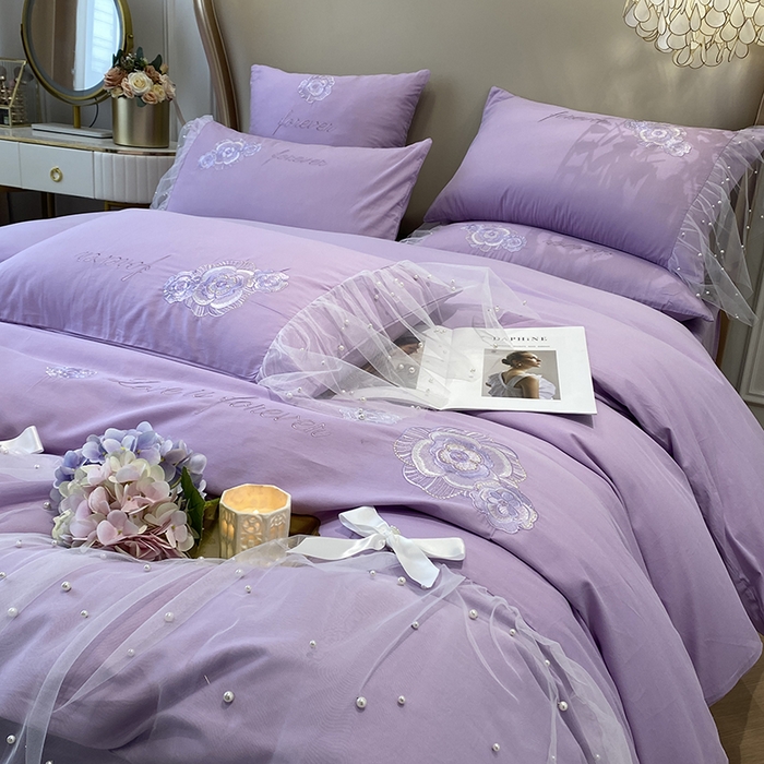 91家纺网 家纺一手货源 找家纺 欧冠家纺 2024新款全棉蕾丝珍珠网纱四件套 丽丽贝尔系列 薰衣紫