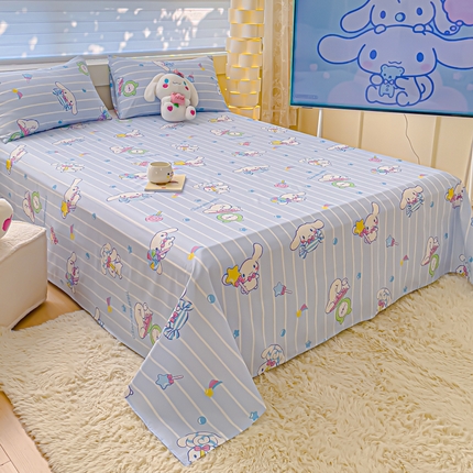 91家纺网 家纺一手货源 找家纺 金丝鸟家纺 2024新款全棉三丽鸥系列床单 条纹玉桂狗