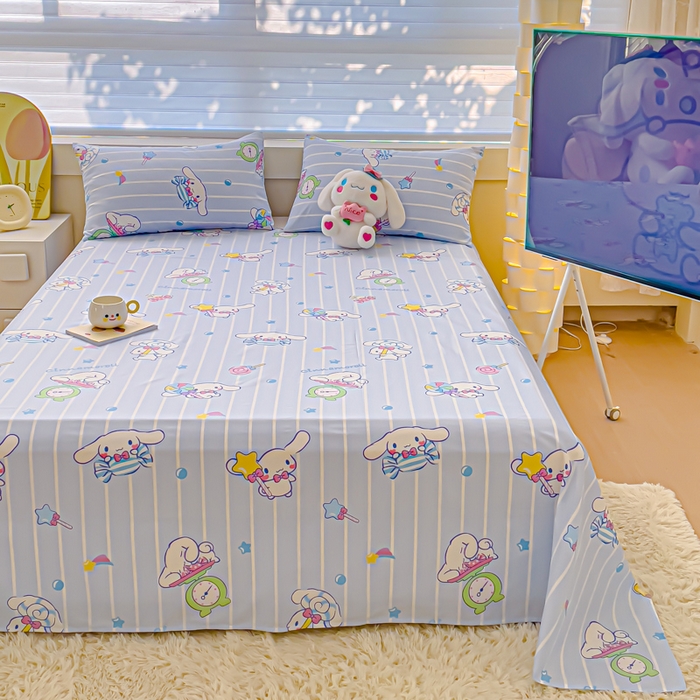 91家纺网 家纺一手货源 找家纺 金丝鸟家纺 2024新款全棉三丽鸥系列床单 条纹玉桂狗